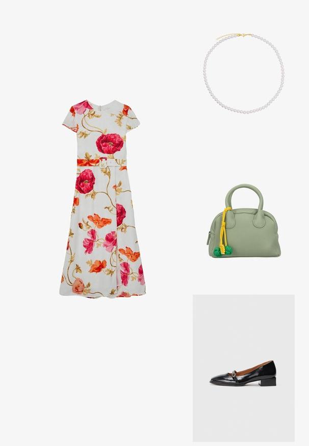 Robe maxi blanche à manches courtes avec imprimé floral rose et orange et ceinture assortie avec boucle rectangulaire à la taille.; Chaussures à talons bas en cuir verni noir avec un bout pointu et une sangle décorative dotée d'une boucle en argent circulaire. Talon bloc plat.; Sac à main en cuir vert de forme arrondie, avec deux poignées supérieures, des accents noués jaunes et verts, et une surface texturée.; Collier en perles blanches avec un fermoir en or. Composé de perles uniformément espacées avec une surface lisse et réfléchissante. Présente une chaîne ajustable.