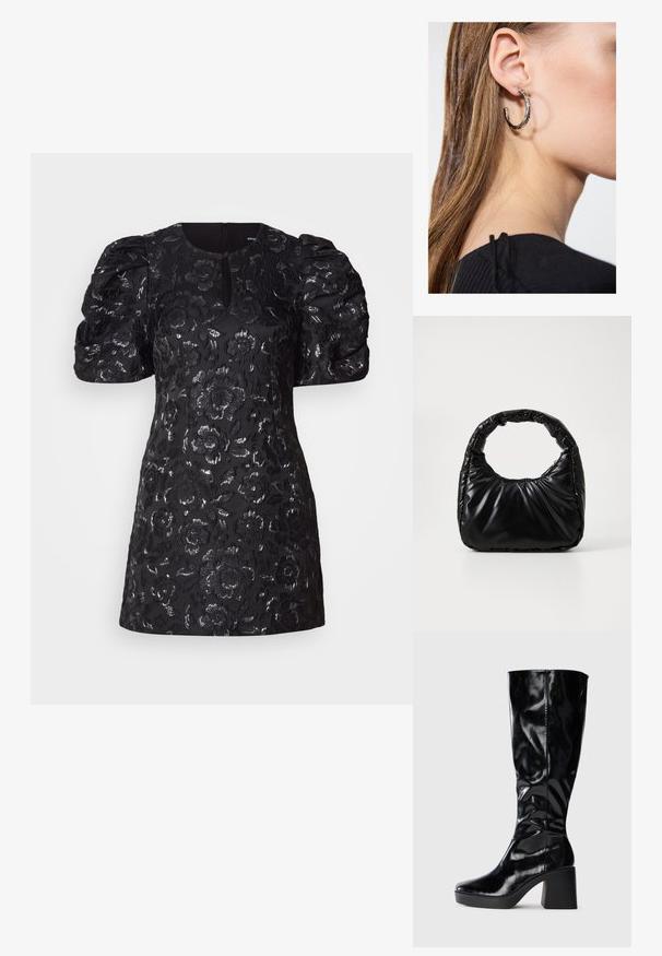 Robe noire avec manches courtes bouffantes, motif floral en sequins, encolure ronde et fermeture éclair au dos. Texture de tissu lisse.; Botte noire, montée jusqu'au genou, en cuir verni brillant ; dotée d'un talon carré structuré et d'un bout arrondi. Design simpliste et élégant.; Sac à main noir rembourré avec une poignée arrondie, présentant une surface lisse et brillante ainsi qu'une texture douce et matelassée. Pas de quincaillerie ou d'accents visibles.; Boucle d'oreille en argent avec une finition polie, présentant de petits détails en or et de forme ronde, portée sur le lobe.