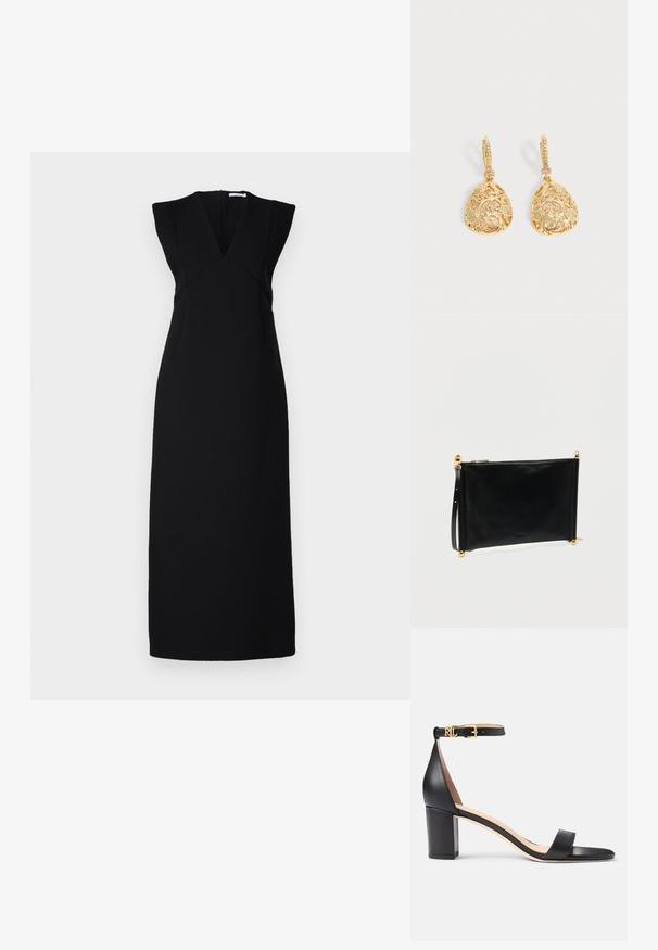 Robe noire sans manches avec un décolleté en V profond, des épaules structurées et une silhouette ajustée. Texture lisse, avec une coupe longue et droite et une fermeture éclair invisible.; Lauren Ralph Lauren LOGAN BURNISHED LEATHER SANDAL - Sandales - black; Pochette en cuir noir à texture lisse, avec des accents métalliques dorés, une fermeture éclair et une lanière amovible pour le poignet.; Paire de boucles d’oreilles pendantes ton or avec un design filigrane floral et en volutes complexe, ornées de petites pierres claires sur fermoirs à levier.