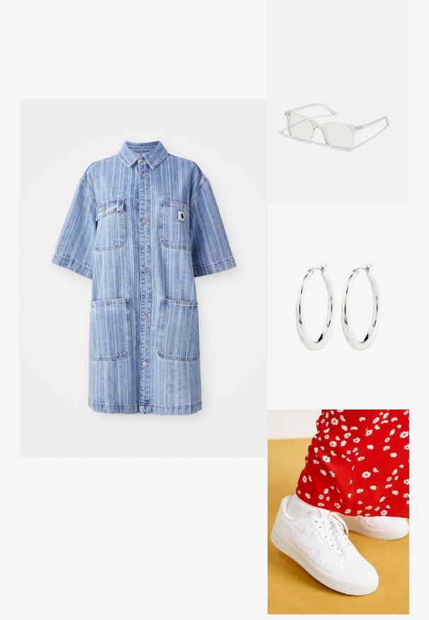 Denim shirtjurk in lichtblauw met verticale strepen, korte mouwen, twee borstzakken en een klein logo-opdruk. Knopsluiting aan de voorkant.; Witte leren sneakers met bloemige reliëfaccenten, ronde neus en een gestructureerde rubberen zool. In combinatie met rode broek met witte bloemenprint.; Heldere plastic vierkante monturen met doorzichtige glazen, gekenmerkt door gouden accenten op de slapen voor extra detail.; Zilveren oorbellen in de vorm van een gladde, glanzende ring. Circulaire vorm, voorzien van een veilige sluiting. Eenvoudig en elegant ontwerp.