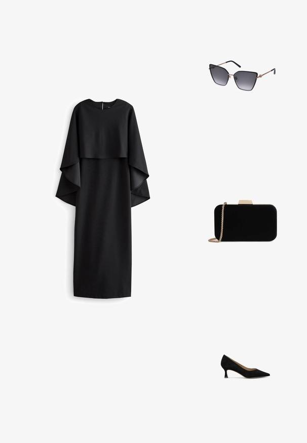 Vestido negro con escote redondeado, mangas capa en capas y silueta recta. Está hecho de una tela suave con un acabado mate.; Zapato de tacón de ante negro con puntera afilada, tacón cuadrado bajo y forro interior suave. Diseño simple sin patrones ni acentos visibles.; Gafas de sol tipo ojo de gato negras y doradas con lentes oscuras con degradado y varillas metálicas finas, mostradas sobre un fondo blanco.; Clutch de terciopelo negro con herrajes en tono dorado, de forma rectangular y con correa de cadena, que presenta una textura suave y sin patrones visibles.