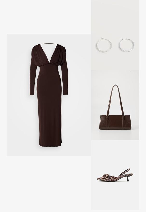 Robe longue marron en tissu extensible, avec un décolleté en V profond et des manches longues drapées. Silhouette élancée avec une traîne discrète.; Talons slingback à bout pointu en tissu imprimé léopard avec un accent nœud, dotés d'un petit talon noir et d'une texture lisse.; Sac à main en cuir verni marron de forme rectangulaire, avec deux longues poignées et des accents courbés subtils à l'avant.; Boucles d’oreilles créoles en métal argenté avec une surface lisse légèrement incurvée et des fermoirs à clapet sur un fond blanc uni.