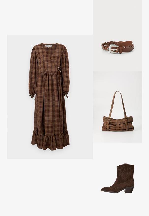 Brun ternet, lang kjole med omslagsdesign, ballonsærmer og flæsekanter. Fremstillet af et let stof med justerbare bindedetaljer.; Brune ruskinds cowboystøvle med spids tå, dekorative syninger, ankelhøjde og en stablet hæl. Har en pull tab for nem påtagning.; Even&Odd by Zalando Håndtasker - brown; Brun faux læderbælte med en sølvfarget rektangulær spænde, der har en tekstureret kant og cirkulære hardwaredetaljer.