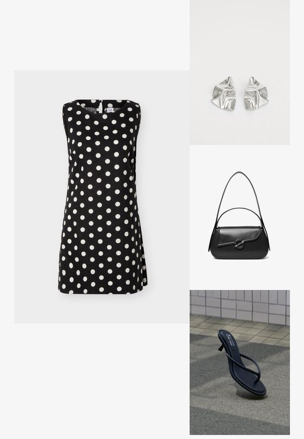 Robe noire sans manches à pois blancs, col rond, avec une petite fermeture à boutons dans le dos, présentée sur un fond uni.; Sandale noire à talons et brides flottant au-dessus d’un pavement gris texturé avec un mur carrelé en arrière-plan.; Sac à bandoulière en cuir noir avec un rabat incurvé fermé par un fermoir métallique rond et une sangle fine et ajustable.; Boucles d'oreilles en métal argenté avec un design ondulé et sculptural, présentant une finition polie et des formes irrégulières, mettant en valeur une esthétique contemporaine.