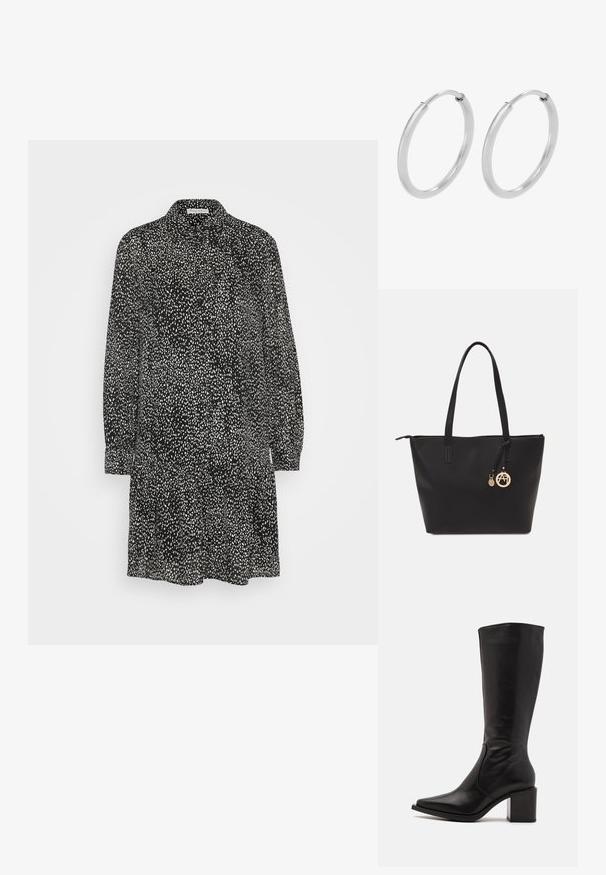 Sort langærmet kjole med krave, der har et hvidt pletmønster og en smudsig nederkant. Letvægtsstof med en glat overflade.; Zign by Zalando LEATHER - Høje støvler/ Støvler - black; Sort tote taske lavet af glat syntetisk materiale, med to lange håndtag, en lynlåslukning og et guldcharms med et rundt logo.; Sølv hoops øreringe, cirkulær form, glat skinnende tekstur og ensartet bredde hele vejen igennem. Minimalistisk design uden yderligere accenter.