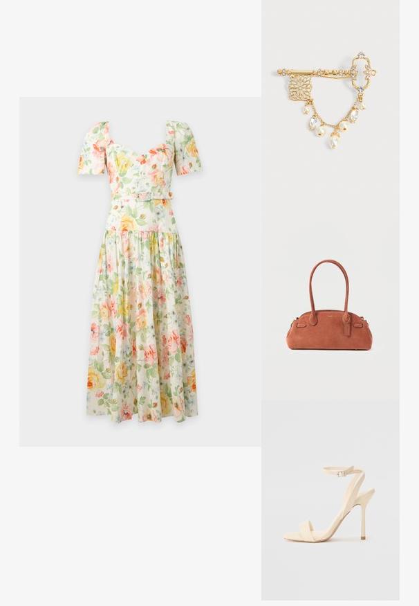 Floral midi kjole med pufærmer, hjerteudskæring, figursyet talje med bælte og et flydende skørt i pastelgule, pink og grønne toner.; Beige højhælede sandaler med en slank ankelrem og firkantet tå. Glat syntetisk materiale, minimalistisk design og stiletto-hæl.; Lille brun ruskindshåndtaske med to skulderstropper og et Coach-logo vedhæng hængende nær håndtaget.; Guld dekorativ nåle formet som en nøgle med klare krystaller, filigran detaljer og hængende guldkæde med perler og krystalvedhæng på hvid baggrund.