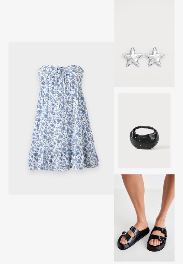 Witte strapless jurk met blauwe bloemenprint, gerimpelde zoom en vooraan veterdetail, ontworpen voor een losse, vloeiende pasvorm.; Zwarte faux krokodillenembossed sandalen met twee verstelbare gespen. Dikke zool en open teen ontwerp. Textuur oppervlak en platte vorm.; Zwarte leren handtas met een afgeronde vorm, versierd met zilveren studs, en een korte handgreep. Gladde textuur en ritsluiting.; Zilveren stervormige oorbellen met een gepolijste, glanzende afwerking. Elke oorbel heeft vijf punten en subtiele textuurdetails op het oppervlak.