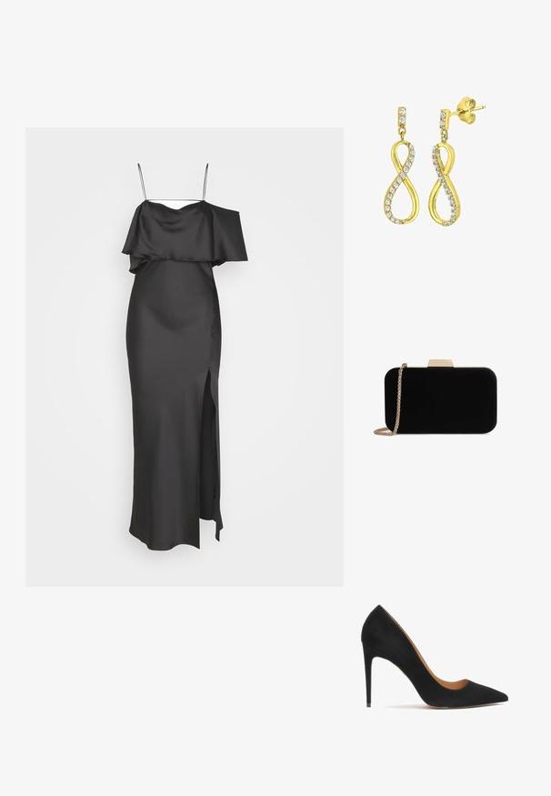 Weekday ELIA OFF SHOULDER DRESS - Vestido de fiesta - anthracite grey; Zapato de tacón alto de ante negro con punta afilada, textura suave y una silueta elegante. Presenta un tacón de aguja delgada y lados abiertos.; Clutch de terciopelo negro con herrajes en tono dorado, de forma rectangular y con correa de cadena, que presenta una textura suave y sin patrones visibles.; Pendientes en tono dorado con forma de símbolo de infinito estilizado, adornados con cristales transparentes de corte redondo a lo largo de los bordes. Cierre a presión.