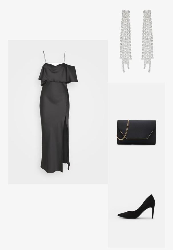 Weekday ELIA OFF SHOULDER DRESS - Gallakjole - anthracite grey; Sort ruskind højhælet pumpe med spids tå, glat overflade og slank stiletthæl. Klassisk design med en elegant silhouette.; Sort clutch taske med en glat overflade, prydet med en guldkæde-rem og en geometrisk flaplukning, der er indrammet i guld.; Lange sølvøreringe med en række klare, facetterede krystaller i kaskadeformede strenge med varierende længder og former.