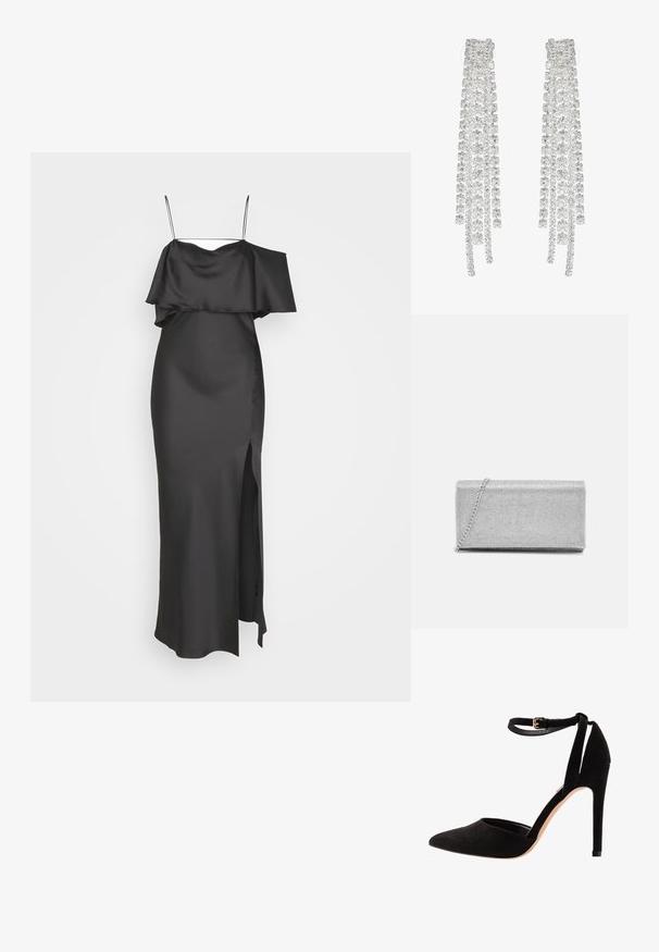 Weekday ELIA OFF SHOULDER DRESS - Oblečenie na špeciálnu príležitosť - anthracite grey; Čierne zamatové lodičky s špicatou špičkou, remienkom okolo členku a stiletto podpätkom. Dizajn sa vyznačuje hladkou textúrou s minimálnymi detailmi.; Strieborná metalická kabelka so tkaným sieťovým dizajnom, obdĺžnikového tvaru, s reťazovou rukoväťou na nosenie. Hladký povrch a lesklý finiš.; Dlhé strieborné náušnice s množstvom priehľadných, fasetovaných kryštálov v kaskádových pramienkoch rôznych dĺžok a tvarov.