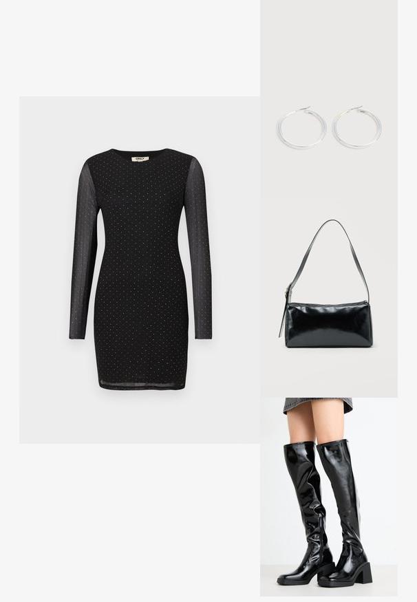Robe mini noire ajustée avec de longues manches transparentes, ornée de petits clous en argent dispersés uniformément sur le tissu.; Bottes noires, brillantes, montantes jusqu'aux genoux, avec un bout carré et un talon épais. Présentent une fermeture éclair latérale et un design ajusté en texture.; Sac d'épaule rectangulaire noir avec une sangle réglable unique et une fermeture éclair supérieure sur un fond uni.; Paire de boucles d'oreilles créoles argentées brillantes avec fermoirs en fil fin, présentée sur un fond gris clair.