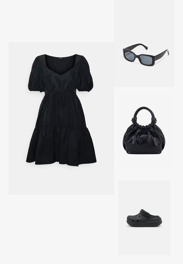 Monki Cocktailkjole / festkjole - black; Sorte gummiklipper med ventilationshuller, hævet hæl og justerbar rem. Glat tekstur og rund form.; Sorte rektangulære solbriller med mørkt tonede linser, tyk plastramme og brede stænger. Glat overflade og kantet design.; Sort blød læderhåndtaske med samlet top og to tykke håndtag bundet i knuder mod en ensfarvet lys baggrund.