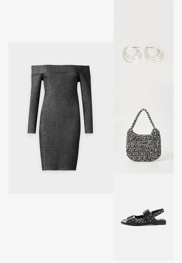 Robe noire décolletée, à manches longues, en tissu scintillant, design ajusté, longueur genou, texture lisse.; Chaussures slingback noires avec des accents cloutés, dotées d'un talon plat, d'un bout métallisé et de brides à boucle réglables. Détail de quincaillerie décoratif présent.; Sac en osier noir et blanc de forme arrondie, avec une surface texturée et une poignée tressée. Convient à un usage décontracté.; Boucles d'oreilles créoles en argent avec trois bandes semi-circulaires superposées, dont une ornée de petits cristaux clairs sur un fond clair.