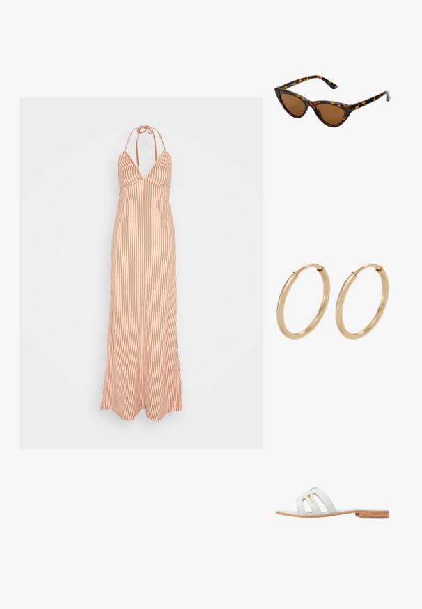 Anna Field Vestido largo - orange; Sandalia deslizante de cuero gris con tres correas cortadas, suela de madera plana y un acento dorado del logo en la correa superior.; Gafas de sol estilo ojo de gato con montura de carey negra y naranja, lentes marrones y puntas elegantes y afiladas. Presenta un logo minimalista en la patilla.; Pendientes de aro de oro con un acabado suave y pulido. Forma redondeada, tamaño mediano, con un mecanismo de cierre seguro.