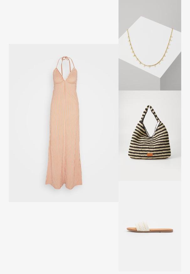 Anna Field by Zalando Robe longue - orange; Sandale à glissière tissée blanche avec une texture tressée et des perles décoratives, dotée d'une semelle intérieure lisse couleur tan et d'une semelle en caoutchouc plate.; Sac tissé rayé en noir et beige, avec un design décontracté, une surface texturée et une petite pièce en cuir en accent.; Collier en chaîne dorée avec de petites médailles rondes texturées espacées uniformément le long de la longueur, présentant une finition polie et des maillons délicats.