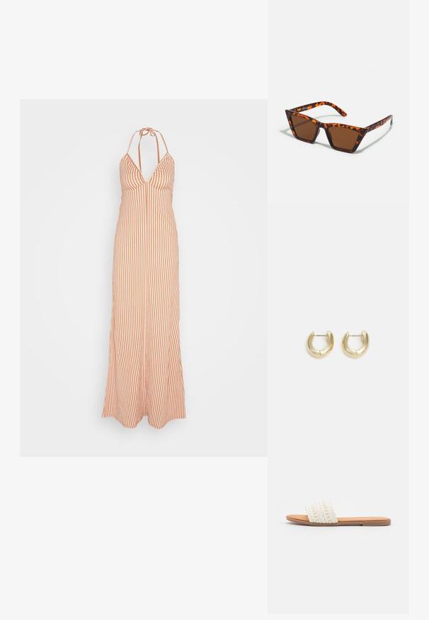 Anna Field by Zalando Vestido largo - orange; Sandalia deslizante blanca tejida con textura trenzada y cuentas decorativas, que cuenta con una plantilla suave en tono marrón y suela plana de goma.; Gafas de sol con tonalidades marrones y un patrón de carey, de montura angular y brazos delgados. Material plástico ligero.; Pendientes de aro en tono dorado con un acabado suave y pulido. Presentan una forma de medio círculo y un cierre de poste seguro.