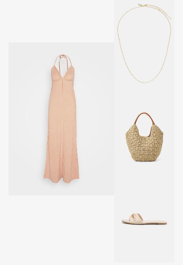 Anna Field by Zalando Maxikjoler - orange; Beige slidesandaletter med åben tå, flad sål og dekorative metallkædeaccenter på stroppen. Glat materiale med minimal tekstur.; Vævet stråtasker med en naturlig tekstur og en blød, organisk form, der har brune læderhåndtag for nem bæring.; Guldfarvet halskæde med et snoet kædedesign, der har en lille lås og en justerbar længde med et mærke.
