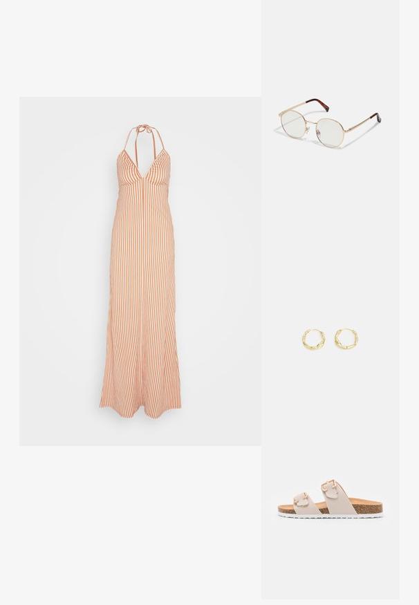 Anna Field by Zalando Maxikjoler - orange; Beige slidesandaler med to justerbare stropper og guldfarvede spænder. Korksål med en struktureret hvid gummisål.; Guldmetals ovale briller med klare linser. Skildpadde-mønster detaljer på stængerne. Justerbare næsepuder for komfort.; Guld hoops øreringe med en tekstureret, ujævn overflade. Har et let design og cirkulær form, egnet til hverdagsbrug.