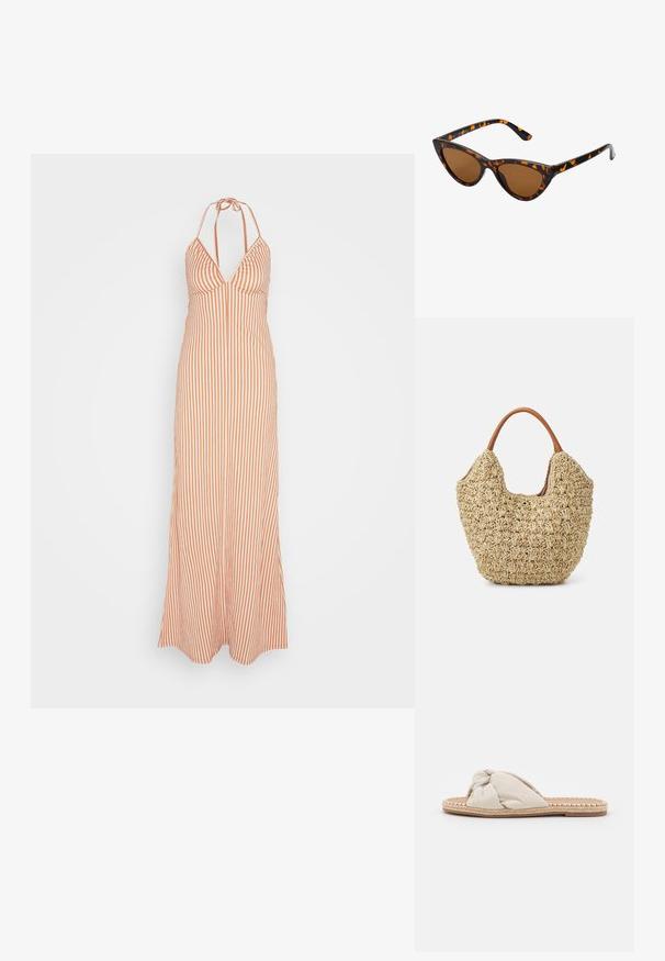 Anna Field Maxikjoler - orange; Beige stof slide sandal med et knyttet overdel design og vævet jute sål. Flad, åben tå stil med en tekstureret, flettet kant.; Kat-ejede solbriller med en sort og orange skildpaddemønstret stel, brune linser og slanke, spidse ender. Har et minimalistisk logo på skabelsen.; Vævet stråtasker med en naturlig tekstur og en blød, organisk form, der har brune læderhåndtag for nem bæring.