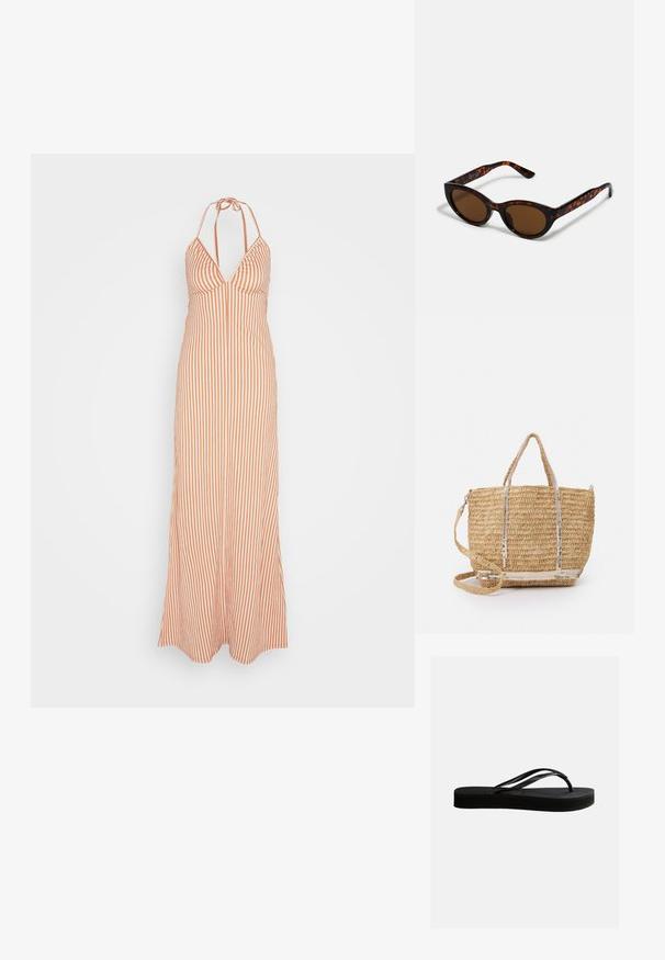 Anna Field by Zalando Maxikjoler - orange; Sort gummiflipflop med tekstureret sål og Y-formet rem, vist i sideprofil mod en ensartet lys baggrund.; Brune skildpadde solbriller med en vintage katteøje-form og brune linser. Har buede arme med røde detaljer.; Vanessa Bruno CABAS PETIT - Håndtasker - beige