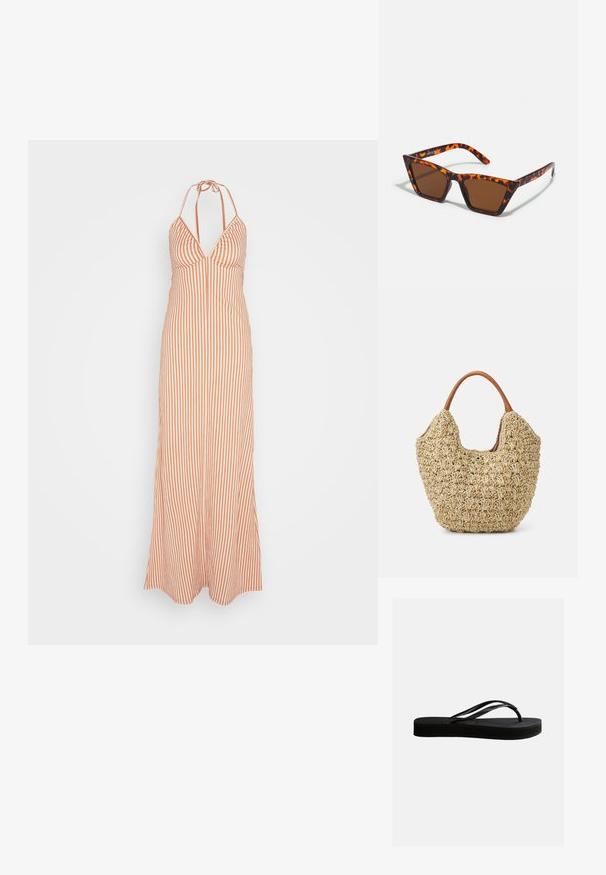 Anna Field Maxikleid - orange; Schwarze Gummiflips mit strukturierter Sohle und Y-förmigem Riemen, seitliche Ansicht vor schlichtem hellem Hintergrund.; Braungetönte Sonnenbrille mit Schildpattmuster, eckigem Rahmen und schlanken Bügeln. Hergestellt aus leichtem Kunststoffmaterial.; Geflochtene Strohtasche mit natürlicher Textur und weicher, organischer Form, ausgestattet mit braunen Ledergriffen für einfaches Tragen.