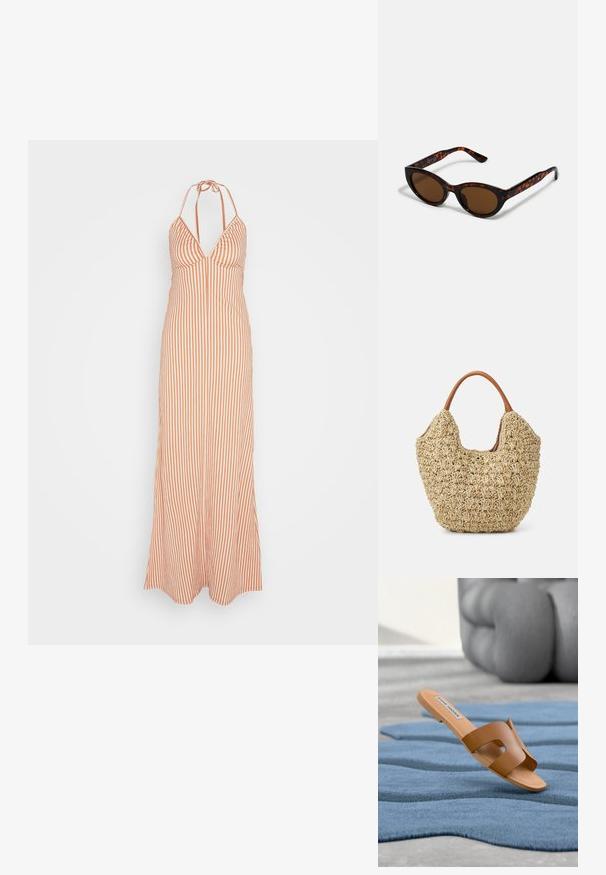 Anna Field by Zalando Maxikjole - orange; Brun flat sandal med utskjæringsdesign, laget av glatt materiale. Har en lys tan-såle og en etikett på innersålen.; Brune skjellbåt solbriller med en vintage katteøyeform og brune linser. Har buede stenger med røde detaljer.; Vevd stråveske med en naturlig tekstur og en myk, organisk form, med brune lærhåndtak for enkel bæring.