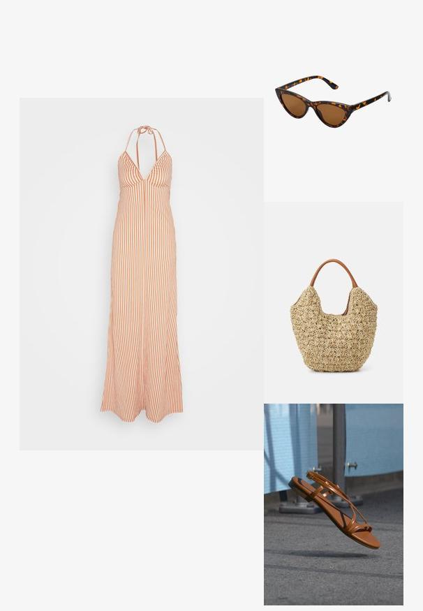 Anna Field by Zalando Μάξι φόρεμα - orange; Καφέ δερμάτινο σανδάλι με λεπτούς ιμάντες και αγκράφα που αιωρείται πάνω από μια γκρι ασφάλτινη επιφάνεια κοντά σε ένα μπλε εμπόδιο ή φράχτη.; Γυαλιά ηλίου τύπου cat-eye με μαύρο και πορτοκαλί καβούκι, καφέ φακούς και κομψές, μυτερές άκρες. Φέρουν ένα μίνιμο λογότυπο στο βραχίονα.; Υφασμένη τσάντα από ψάθα με φυσική υφή και μαλακή, οργανική μορφή, διαθέτοντας καφέ δερμάτινες λαβές για εύκολη μεταφορά.