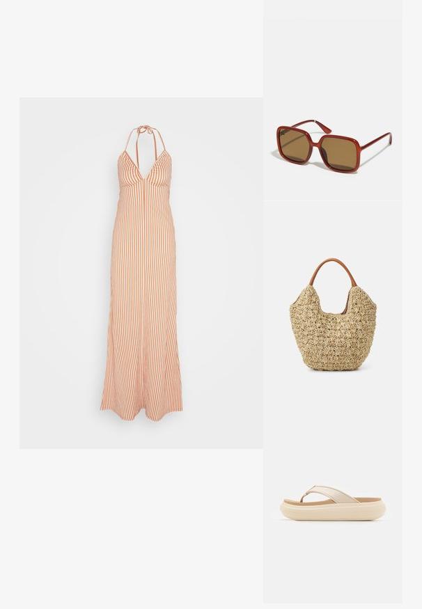 Anna Field by Zalando Maxi-jurk - orange; Beige slippersandalen met een brede teband en een dikke, ronde zool. Beschikt over een glad bovenmateriaal en een contrasterend bruine voetbed.; Rode vierkante zonnebril met bruin getinte lenzen. Dikke, glanzende monturen en slanke armen met kleine details aan de zijkant voor visuele interesse.; Geweven rieten tas met een natuurlijke textuur en een zachte, organische vorm, met bruine leren handvatten voor eenvoudig dragen.