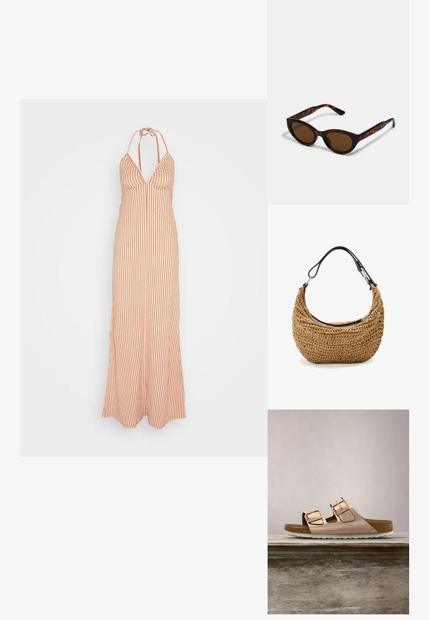 Anna Field by Zalando Maxikleid - orange; Roségoldene Rutsch-Sandalen mit zwei verstellbaren Metall-Schnallen, Kork-Fußbett und weißer Gummisohle. Glatte metallische Oberfläche, offene Zehenspitze.; Braune Schildpatt-Sonnenbrille mit einer Vintage-Cat-Eye-Form und braunen Gläsern. Verfügt über gebogene Bügel mit roten Akzenten.; Geflochtene Strohtasche in Beige mit geschwungener Silhouette, ausgestattet mit einem schwarzen Lederband und silbernen Metallakzenten. Strukturierte Oberfläche.