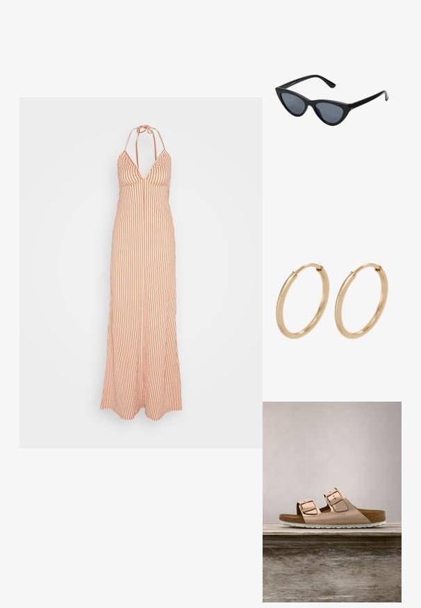 Anna Field by Zalando Maxi-jurk - orange; Roze-gouden slidersandalen met twee verstelbare metalen gespen, kurken voetbed en witte rubberen zool. Gladde metalen afwerking, open teen ontwerp.; Zwarte cat-eye zonnebril met donkergrijze lenzen, slank plastic frame, puntige hoeken en rechte pootjes. Geen zichtbare hardware of accenten.; Gouden creolen met een gladde, gepolijste afwerking. Ronde vorm, middelgrote maat, met een veilige sluitmechanisme.