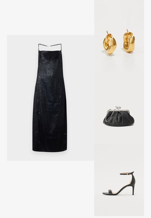 Robe nuisette noire en satin, au texture lisse, dotée de fines bretelles et d'un subtil éclat. Silhouette simple et droite avec un minimum de détails.; Sandale à talons hauts en cuir noir avec une lanière de cheville. Présente une texture lisse, un bout ouvert et un talon fin. Détail de boucle en ton doré.; Porte-monnaie en cuir noir avec texture froncée, cadre en métal argenté, fermeture à verrouillage kiss-lock et bandoulière en chaîne. Surface lisse et douce.; Boucles d'oreilles créoles en or massif avec un design tubulaire légèrement tordu et des fermoirs à tige sur un fond blanc.