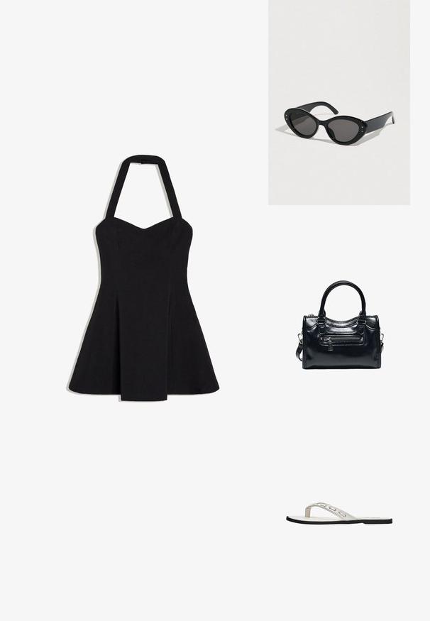 Robe noire à col halter, coupe trapèze, bustier ajusté et jupe évasée, sans manches et fermeture éclair au dos.; Sandale flip-flop plate blanche avec des fines brides présentant des détails découpés et une semelle noire.; Lunettes de soleil noires à forme œil de chat surdimensionnée. Montures en plastique lisse avec des verres foncés et de petits accents étoilés sur les côtés.; Sac à main en cuir noir brillant avec deux poignées, poche avant zippée et bandoulière amovible sur fond blanc.