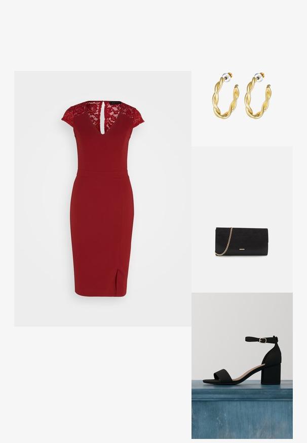 Robe rouge avec une silhouette ajustée, des manches en dentelle, un décolleté en V et une fente dans le dos. Tissu lisse avec un léger brillant.; Sandale noire à talons avec une large lanière et une lanière de cheville, dotée d'une texture mate et d'un talon bloc. Logo de la marque visible sur la semelle intérieure.; Porte-monnaie noir en daim avec une finition texturée, doté d'une chaîne dorée et d'un design épuré et angulaire.; Boucles d'oreilles créoles dorées torsadées avec une surface lisse, présentant un dos transparent et une quincaillerie dorée.