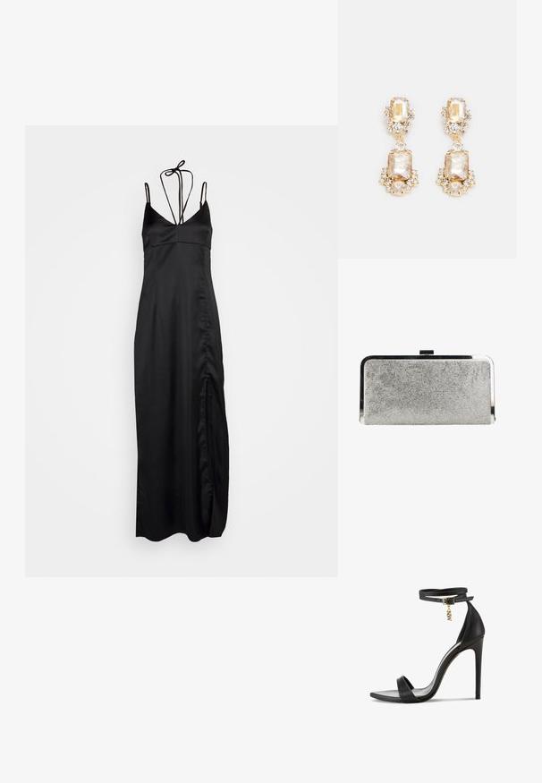 DESIGNERS REMIX LISBON DRESS - Cocktailkleid/festliches Kleid - black; Schwarze High-Heel-Sandale mit glattem Lederfinish, offener Zehenpartie, Knöchelriemen mit goldener Schnalle und einem dekorativen Charme.; Rechteckige silberne Clutch-Tasche, bedeckt mit kleinen Strasssteinen, mit glänzendem Metallrahmen und Verschluss oben.; Goldfarbene Tropfenohrhänger mit großen rechteckigen und runden klaren Kristallen, ergänzt durch kleinere Akzentsteine und einem geschichteten Design.