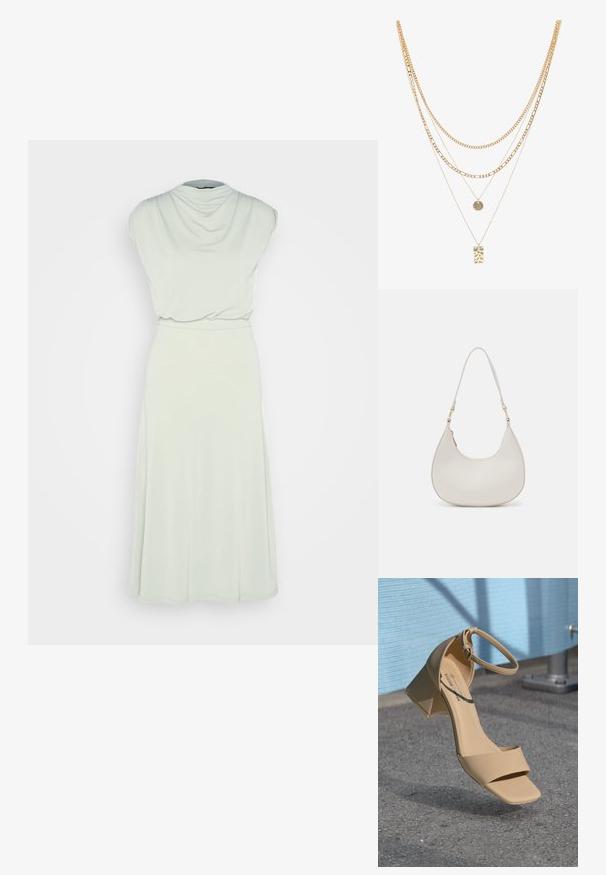 Anna Field Robe en jersey - olive; Sandale à talon carré beige avec un bout carré, des brides minimalistes et une boucle à la cheville. Matériau lisse et mat sur une surface grise.; Sac épaule en cuir crème en forme de croissant, avec une fine sangle et des détails de coutures subtils. Design minimaliste avec des accents en métal doré.; Collier en or à plusieurs couches avec différents styles de chaînes, y compris des maillons épais et des chaînes fines, orné de pendants circulaires et rectangulaires.