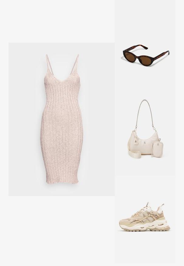 Zign by Zalando SUMMER STRAPPY DRESS - Strikkjoler - mottled brown; Beige og hvide chunky sneakers med tyk sål, mesh- og læderpaneler, ovale udskæringer i mellemsålen, trækstropper på tunge og hæl.; Brune skildpadde solbriller med en vintage katteøje-form og brune linser. Har buede arme med røde detaljer.; Beige lædertaske med en buet form, kædestrop, sølvfarvet hardware og aftagelig lille pung. Tekstureret strop med logo mønster.