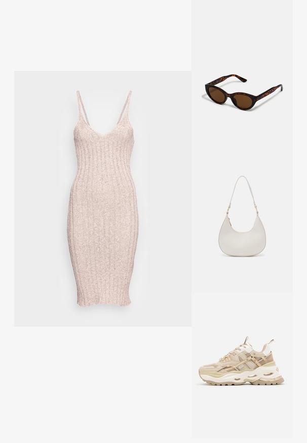 Zign SUMMER STRAPPY DRESS - Strikkjoler - mottled brown; Beige og hvide chunky sneakers med tyk sål, mesh- og læderpaneler, ovale udskæringer i mellemsålen, trækstropper på tunge og hæl.; Brune skildpadde solbriller med en vintage katteøje-form og brune linser. Har buede arme med røde detaljer.; Cremefarvet læder skuldertaske med en halvmåneform, tynd rem og diskrete syninger. Minimalistisk design med hardware-accenter i guldton.