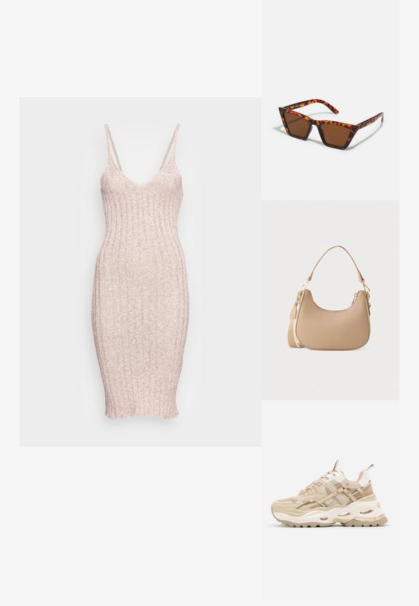 Zign by Zalando SUMMER STRAPPY DRESS - Strikkjoler - mottled brown; Beige og hvide chunky sneakers med tyk sål, mesh- og læderpaneler, ovale udskæringer i mellemsålen, trækstropper på tunge og hæl.; Brune tonede solbriller med et skildpadde-mønster, vinklede stel og slanke arme. Letvægts plastmateriale.; Lille beige skuldertaske med buet top, aftagelig lang rem og guldfarvede spænder mod en plain hvid baggrund.