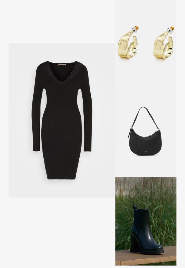 Anna Field by Zalando Gebreide jurk - black; Zwarte glanzende leren enkelboot met dikke hoge hak en lus, gepresenteerd op een houten oppervlakte met een achtergrond van groene hoge gras.; Zwarte leren handtas met een gebogen vorm, textuuroppervlak, voornaden en een logo in goudkleur. Beschikt over een enkele verstelbare schouderband.; Goudkleurige oorbellen in de vorm van abstracte handen, met een glanzend oppervlak, ingewikkelde details en een zilver- en goudkleurige post voor een veilige bevestiging.