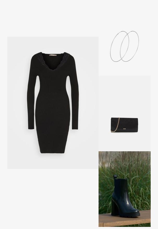 Anna Field by Zalando Svetríkové šaty - black; Čierne lesklé kožené členkové čižmy s robustným vysokým podpätkom a úchytom, vystavené na drevenom povrchu s pozadím z vysokých zelených trávy.; Čierna spojka zamszová kabelka s štruktúrovaným povrchom, vybavená zlatým reťazovým ramienkom a štýlovým, ostrým dizajnom.; Strieborné kruhové náušnice s minimalistickým dizajnom. Cirkulárny tvar, hladký povrch a tenký profil. Ľahké s lesklým povrchom.