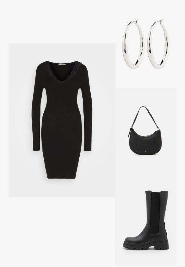 Anna Field by Zalando Gebreide jurk - black; ONLY SHOES ONLDOJA - Plateaulaarzen - black; Zwarte leren handtas met een gebogen vorm, textuuroppervlak, voornaden en een logo in goudkleur. Beschikt over een enkele verstelbare schouderband.; Zilveren creool oorbellen met een gladde, reflecterende oppervlak. Ronde, grote vorm met een veilige sluiting aan de bovenkant. Gepolijste afwerking toont de glans.