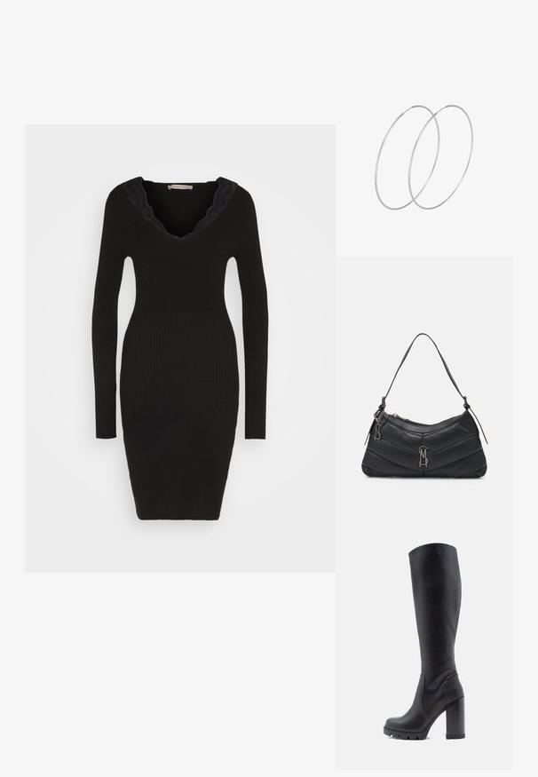 Anna Field by Zalando Džemperkleita - black; Melnas ceļgala augstuma zābaki, gluda ādas materiāla, masīls papēdis, noapaļota purna daļa, teksturēta zole ar saķeri, glīts dizains bez rotājumiem.; Melnas ādas plecu soma ar izšūtu dizainu, sudraba apdare un izliekta rāvējslēdzēja aizdare. Iespējams pielāgot plānu plecu siksnu.; Sudraba gredzenveida auskari ar minimālistisku dizainu. Cirkulāra forma, gluda tekstūra un plāns profils. Vieglu svaru ar spīdīgu apdari.