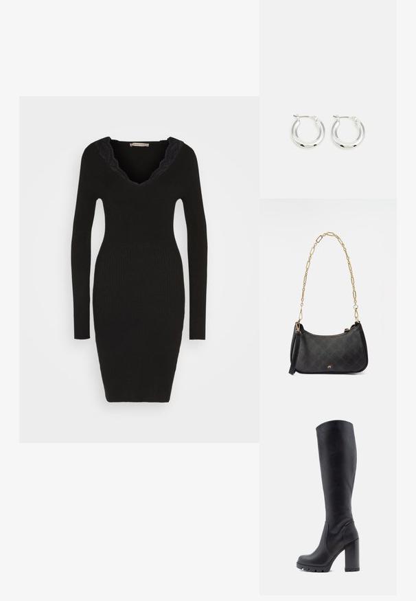 Anna Field by Zalando Strikkjoler - black; Sort knæhøj støvle, glat lædermateriale, kraftig hæl, rund tå, tekstureret sål med greb, slankt design uden udsmykninger.; Sort læderhåndtaske med en struktureret form, der har et tekstureret mønster, gyldent kæderem og lynlåslukning. Bemærkelsesværdig logodetalje på forsiden.; Sølv hoop-øreringe med en poleret finish, der har en cirkulær form og en hængslet lukning. Glat tekstur med minimal detaljering.