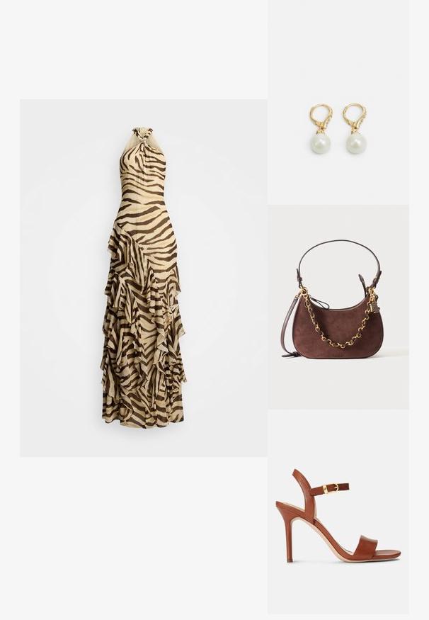 Halter-neck maxi kjole i beige stof med brune zebra-striber. Har volanglag, der falder ned ad skørtet. Elegant og tætsiddende design.; Brune læder højhælede sandal med et elegant design, justerbar ankelrem og subtil guldspænde accenter. Åben tå og glat tekstur.; Brun ruskind skuldertaske med guldkædedetalje og justerbar læderrem, med en lille logohalskæde og øverste lynlåslukning.; Guldtonede hængøreringe med en stor hvid perle som dråbe, der har en lille række af klare rhinsten langs hængslet.