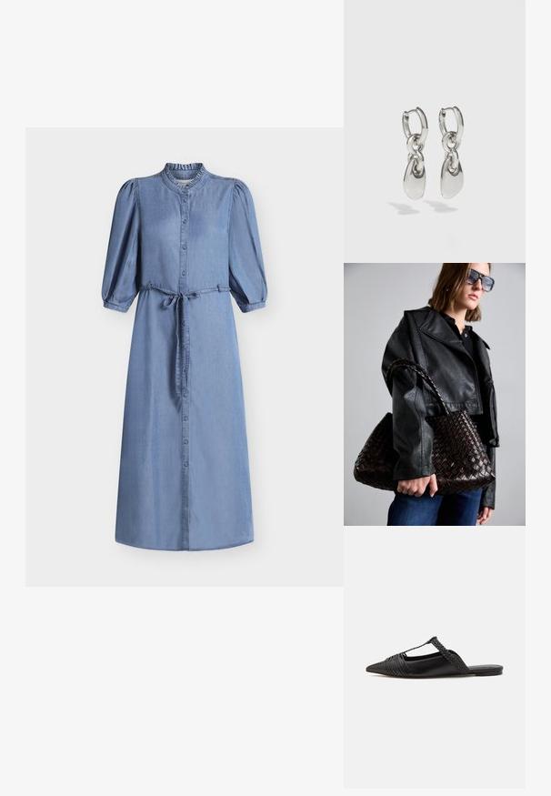 Robe midi en denim bleu avec manches bouffantes jusqu'au coude, boutonnage sur le devant, col haut à volants et ceinture nouée à la taille.; Chaussure en cuir noir à talon ouvert avec un bout pointu, présentant un accent tressé et un design supérieur plissé. Semelle plate avec un matériel minimal.; DRAGON DIFFUSION SANTA CROCE BIG - Sac à main - dark brown; Boucles d'oreilles en argent avec des maillons ovales allongés, présentant une finition polie et un pendentif tombant texturé. Design simple avec des bords lisses.