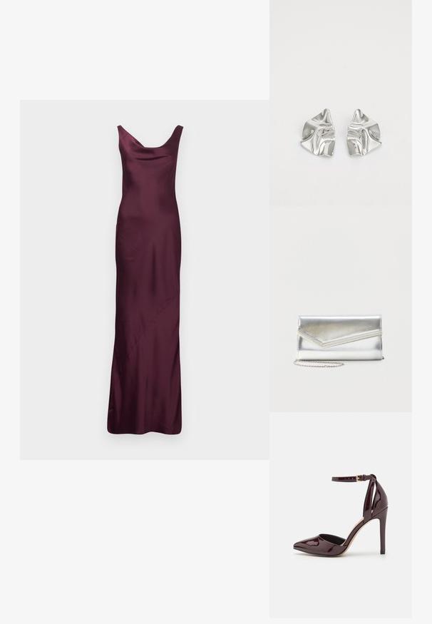 Abendkleid aus burgunderrotem Satin mit rundem Ausschnitt, schlanker Silhouette und dezentem Drapé-Detail, mit bodenlangem Saum.; Burgunderrotes patentiertes Leder hochhackiges Schuhwerk mit spitzer Zehe, Knöchelriemen und einem 10 cm hohen Stiletto-Absatz. Glatte Textur und minimale Details.; Glänzende silberne Clutch mit Umschlagklappe und dekorativem Besatz, kleiner silberner Kettenriemen, auf einfachem hellem Hintergrund.; Silberne Metallohrringe mit einem wellenförmigen, skulpturalen Design, das eine polierte Oberfläche und unregelmäßige Formen aufweist, die eine zeitgenössische Ästhetik betonen.