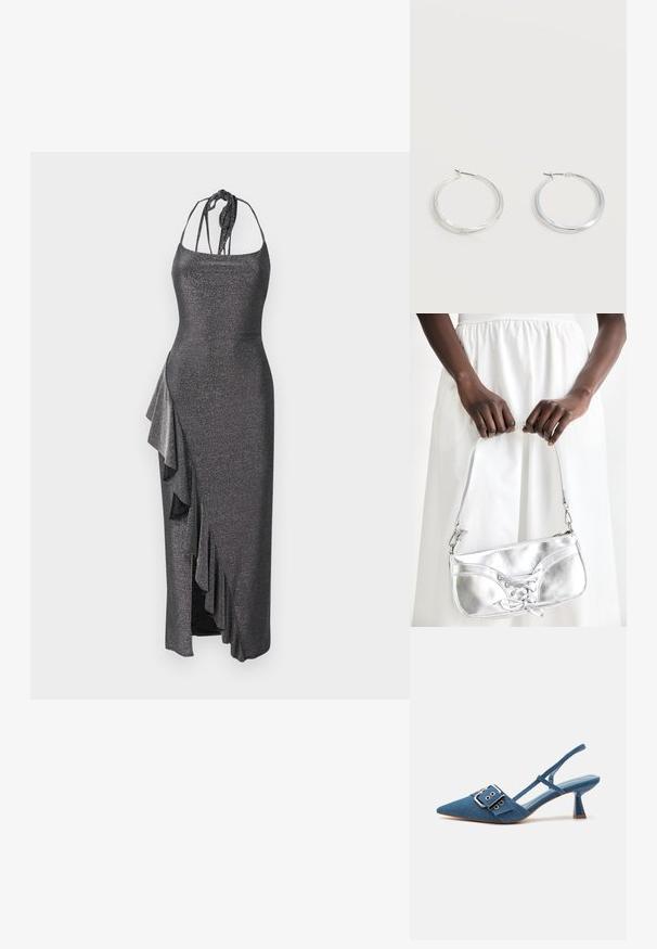 Must massiivne must metalliline poolpikad kleit õhukeste rihmadega, külgedel volangidega ja lõhiku lisaliikumiseks.; Denim slingback-kontsad, millel on terav nina, reguleeritav pannal ja läikiv sinine konts. Sile tekstuur koos heleda sinise sisetallaga.; Hõbedane metallist käekott, millel on paeltega detail, elegantse disainiga ja lühikese rihmaga. Kotti hoitakse kätes, esitades selle tekstuuri.; Hõbedased metallist rõngakujulised kõrvarõngad, millel on sile, kergelt kaarduv pind ja lukustuvad tagused kinnitused, valgel taustal.
