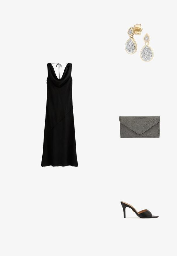 Vestido negro sin mangas con escote drapeado y cierre trasero con lazo; presenta una costura diagonal y una textura suave.; Zapatillas de tacón alto abiertas en la parte delantera, de color negro, con un upper de cuero suave, punta almendrada y un elegante tacón de aguja. Detalle decorativo en tono dorado visible.; Pañuelo negro con un patrón texturizado de tachuelas y cierre tipo sobre, que presenta una forma rectangular elegante y sin herrajes visibles.; Pendientes en forma de lágrima con un marco dorado y acentos plateados, adornados con múltiples piedras redondas brillantes en una disposición decorativa.