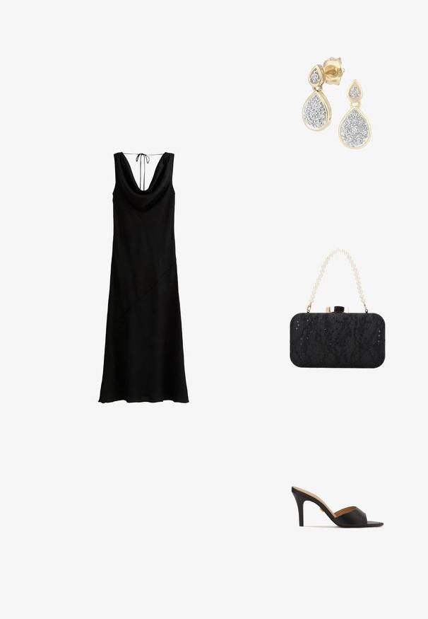 Schwarzes ärmelloses Kleid mit einem gefalteten Ausschnitt und einem Bindebandverschluss; verfügt über eine diagonale Naht und eine glatte Textur.; Schwarze offene High-Heel-Mules mit einem glatten Leder-Obermaterial, mandelförmiger Vorderseite und einem eleganten Stiletto-Absatz. Sichtbares Detail in Goldoptik.; Schwarze rechteckige Clutch mit Pailletten- und Spitzenstruktur, perlenbesetztem Griff und einem goldfarbenen Verschluss oben.; Tropfenohrringe mit einem goldenen Rahmen und silbernen Akzenten, verziert mit mehreren kleinen, runden glitzernden Steinen in einer dekorativen Anordnung.