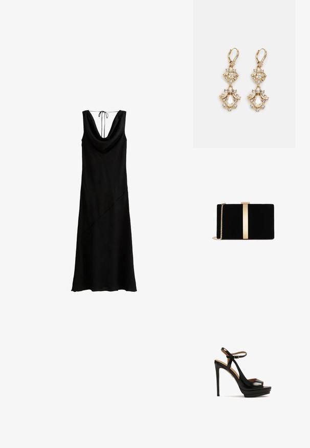 Schwarzes ärmelloses Kleid mit einem gefalteten Ausschnitt und einem Bindebandverschluss; verfügt über eine diagonale Naht und eine glatte Textur.; Schwarze High-Heel-Sandale mit offenem Zeh, Knöchelriemen, glänzendem Leder, Plattformsohle und Stiletto-Absatz. Mit goldenen Hardware-Details.; Schwarze Samt-Clutch mit einem goldfarbenen Metallelement in der Mitte, ausgestattet mit einem Kettenriemen und einer eleganten rechteckigen Form.; Ohrringe mit Gold-Finish im Design eines Clusters, das runde und tropfenförmige klare Kristalle zeigt und aufwendige Details präsentiert.